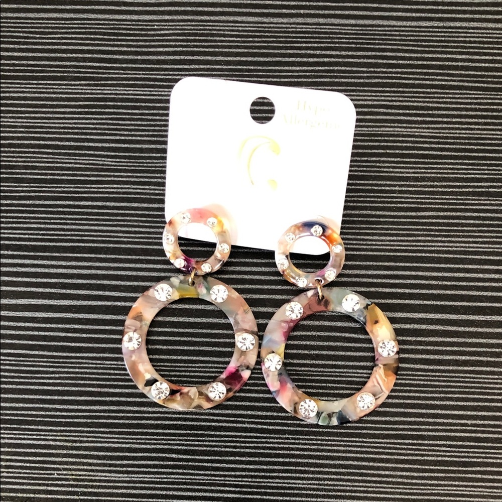 Multicolor Resin Hoop Drop Earrings with Crystal Accents